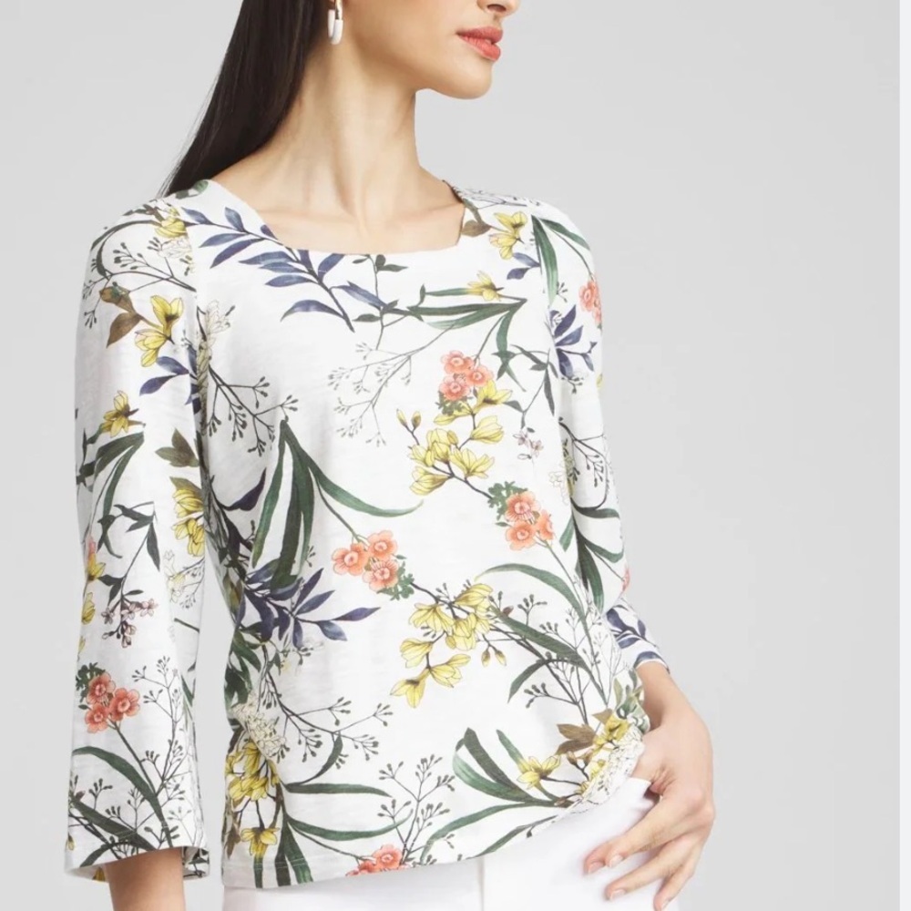 Chicos Floral Square Neck Bell Sleeve Top Cotton Modal Large Coastal Lightweight